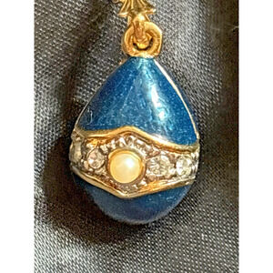 Vintage Blue Enamel Egg Pendant Necklace Faux Pearl & Rhinestones Gold Tone